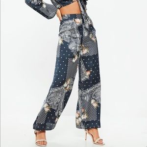 Satin Blue Scarf wideleg pants